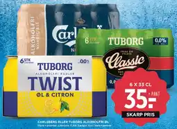 MENY Carlsberg eller Tuborg alkoholfri øl (6 x 33 cl) tilbud