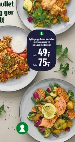 Føtex Kyllingespyd med kartofler, Mexicansk risret og Laks med grønt tilbud