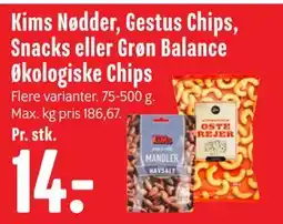 Min Købmand Kims Nødder, Gestus Chips, Snacks eller Grøn Balance Økologiske Chips tilbud