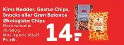 SPAR Kims Nødder, Gestus Chips, Snacks eller Grøn Balance Økologiske Chips tilbud