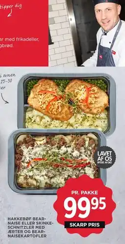 MENY HAKKEBØF BEARNAISE ELLER SKINKESCHNITZLER MED ÆRTER OG BEARNAISEKARTOFLER tilbud