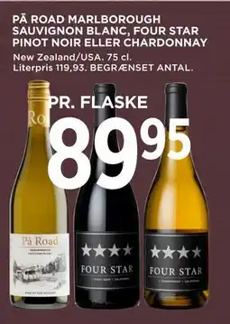 MENY PĀ ROAD MARLBOROUGH SAUVIGNON BLANC, FOUR STAR PINOT NOIR ELLER CHARDONNAY tilbud