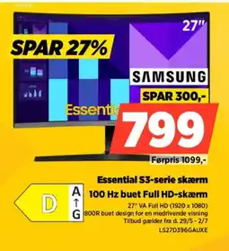 Power Samsung Essential S3-serie skærm A 100 Hz buet Full HD-skærm tilbud