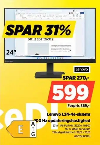 Power Lenovo L24-4e-skærm 100 Hz opdateringshastighed tilbud