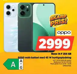 Power Oppo Reno 14 F 256 GB 6000 mAh batteri med 45 W hurtigopladning tilbud