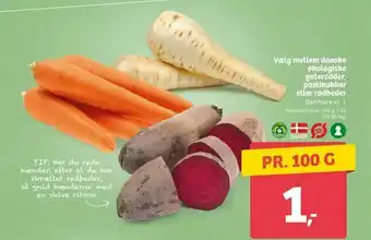 Vælg mellem danske økologiske gulerødder, pastinakker eller rødbeder