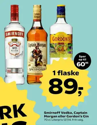 Kvickly Smirnoff Vodka, Captain Morgan eller Gordon's Gin tilbud