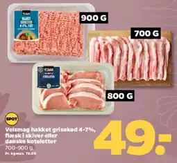 Netto Velsmag hakket grisedkød / flæsk i skiver / danske koteletter tilbud