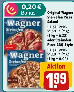 REWE DE Original Wagner Steinofen Pizza Salami oder Steinofen Pizza BBQ-Style tilbud
