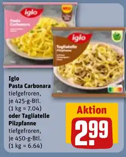 REWE DE Iglo Pasta Carbonara oder Tagliatelle Pilzpfanne tilbud