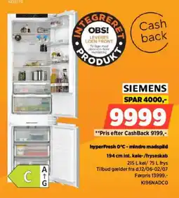 Power SIEMENS 194 cm int. køle-/fryseskab K196NADCO tilbud