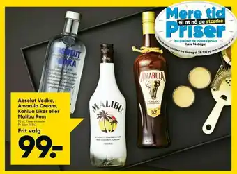 Absolut Vodka, Amarula Cream, Kahlua Likør eller Malibu Rom