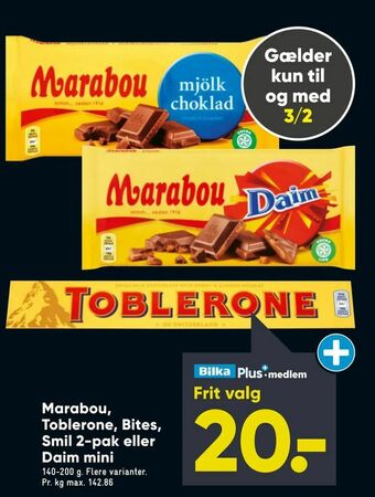 Bilka Marabou, Toblerone, Bites, Smil 2-pak eller Daim mini tilbud