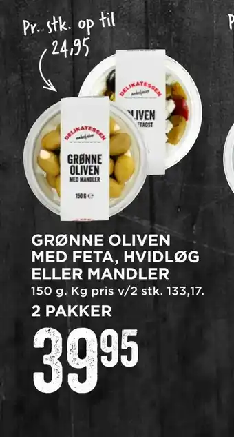 Grønne oliven med feta, hvidløg eller mandler