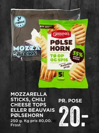 Mozzarella sticks, chili cheese tops eller beauvais pølsehorn