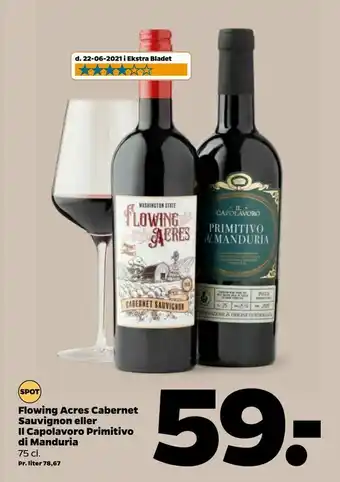 Netto Flowing Acres Cabernet Sauvignon eller Il Capolavoro Primitivo di Manduria tilbud