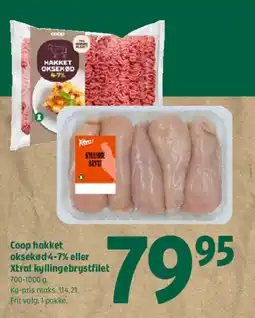 Coop 365 Coop hakket oksekød 4-7% eller Xtra! kyllingebrystfilet tilbud