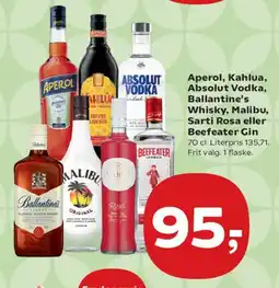 SuperBrugsen Aperol, Kahlua, Absolut Vodka, Ballantine's, Malibu, Sarti Rosa eller Beefeater Gin tilbud