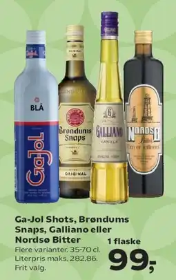 Kvickly Ga-Jol Shots, Brøndums Snaps, Galliano eller Nordsø Bitter tilbud