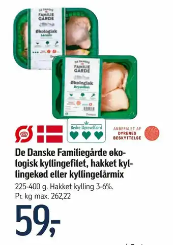 Føtex De Danske Familiegårde øko logisk kyllingefilet, hakket kyl lingekød eller kyllingelårmix tilbud