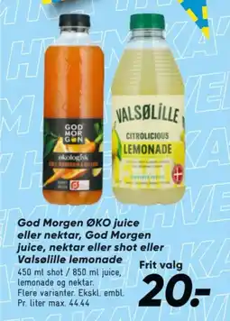 Bilka God Morgen ØKO juice eller nektar, God Morgen juice, nektar eller shot eller Valsølille lemonade tilbud