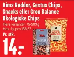 Min Købmand Kims Nødder, Gestus Chips, Snacks eller Grøn Balance Økologiske Chips tilbud
