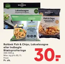 SPAR Rahbek Fish & Chips / Lakselasagne / Indbagte Blæksprutteringe tilbud