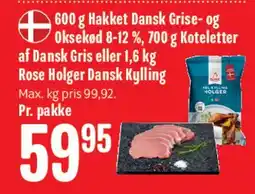 Min Købmand 600 g hakket dansk gris- og oksekød / 700 g koteletter af dansk gris / 1,6 kg Rose dansk kylling tilbud