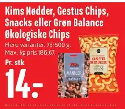 Min Købmand Kims Nødder, Gestus Chips, Snacks eller Grøn Balance Økologiske Chips tilbud
