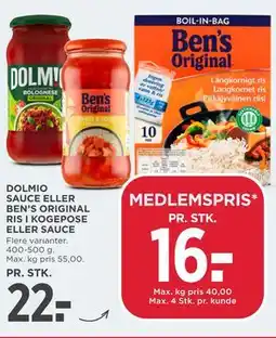 MENY DOLMIO SAUCE ELLER BEN’S ORIGINAL RIS I KOGEPOSE ELLER SAUCE tilbud