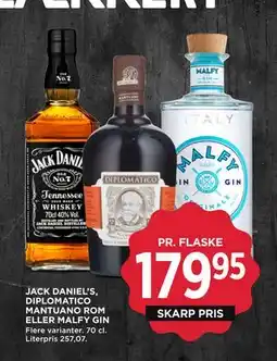 MENY JACK DANIEL’S, DIPLOMATICO MANTUANO ROM ELLER MALFY GIN tilbud