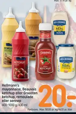 REMA 1000 Hellmann's mayonnaise, Beauvais ketchup eller Graasten ketchup, remoulade eller sennep tilbud