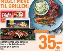 REMA 1000 Spareribs med BBQ, Jensens Foods pulled chicken eller pulled pork teriyaki tilbud