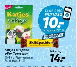 Bilka Katjes slikpose eller Toms bar tilbud