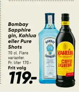 Bilka Bombay Sapphire gin, Kahlua eller Pure Shots tilbud