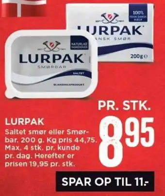 MENY Lurpak Saltet Smør-Bar.200g Kg Pris 44.75 Max.4 Stk. Pr. Kunde Pr.Dag.Herefter Er Prisen 19.95 Pr.Stk tilbud