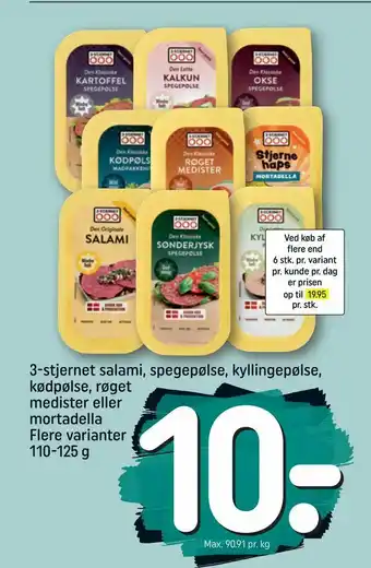 REMA 1000 3-stjernet salami, spegepølse, kyllingepølse, kødpølse, røget medister eller mortadella tilbud
