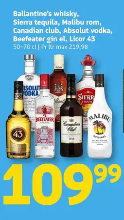 Løvbjerg Ballantine's whisky, Sierra tequila, Malibu rom, Canadian club, Absolut vodka, Beefeater gin el. Licor 43 tilbud