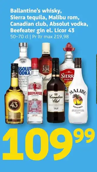Løvbjerg Ballantine's whisky, Sierra tequila, Malibu rom, Canadian club, Absolut vodka, Beefeater gin el. Licor 43 tilbud