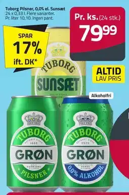 Fleggaard Tuborg Pilsner, 0,0% el. Sunsæt tilbud