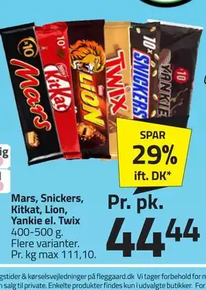 Fleggaard Mars, Snickers, Kitkat, Lion, Yankie el. Twix tilbud