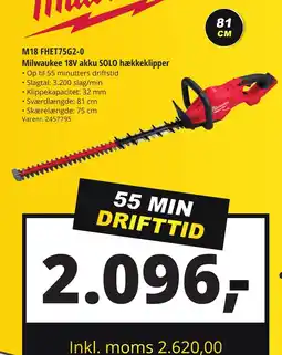 10-4 Byggecenter M18 fhet75g2-0 milwaukee 18v akku solo hækkeklipper tilbud