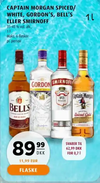 Captain morgan spiced/ white, gordon's, bell's eller smirnoff