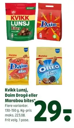 Coop 365 Kvikk Lunsj, Daim Dragé eller Marabou bites* tilbud