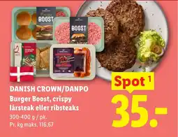 Lidl Danish crown/danpo Burger Boost, crispy lårsteak eller ribsteaks tilbud