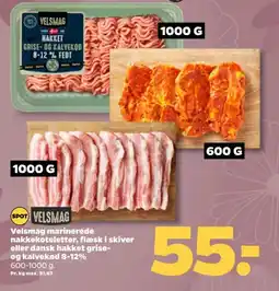Netto Velsmag marinerede nakkekoteletter, flæsk i skiver eller dansk hakket grise- og kalvekød 8-12% tilbud