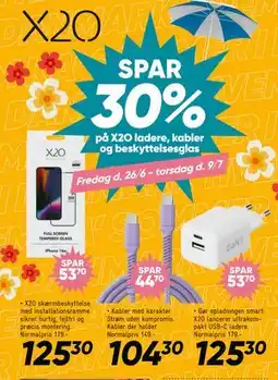 Bilka SPAR 30% på X2O ladere, kabler og beskyttelsesglas tilbud