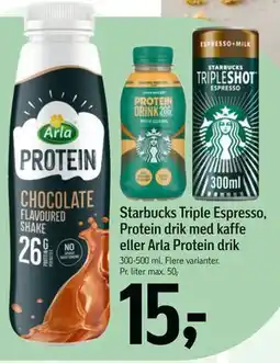 Føtex Starbucks Triple Espresso, Protein drik med kaffe eller Arla Protein drik tilbud