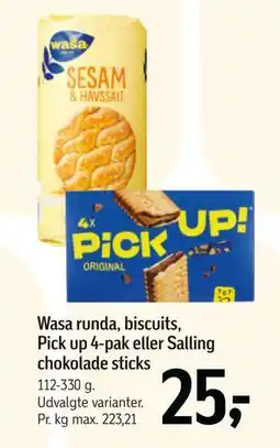 Føtex Wasa runda, biscuits, Pick up 4-pak eller Salling chokolade sticks tilbud