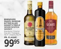 MENY BRØNDUMS SNAPS, NORDSØ BITTER ELLER GRANT’S TRIPLE WOOD SCOTCH WHISKY tilbud